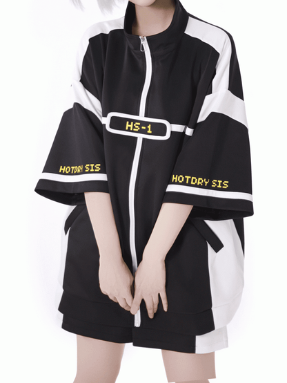 Elbow-Length Sleeves Jirai Kei Zip-up Sweatshirt White Landmine Style Black