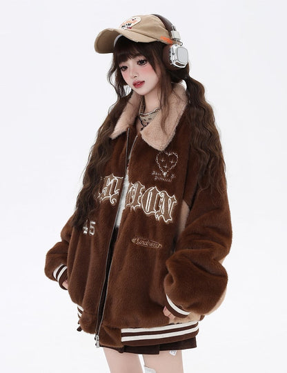 Jacket with Embroidery Fleece Brown Baseball Deep Letter Heart