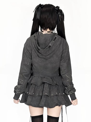 Gray Jirai Kei Stud-Decorated Hoodie Dark Lace-Up