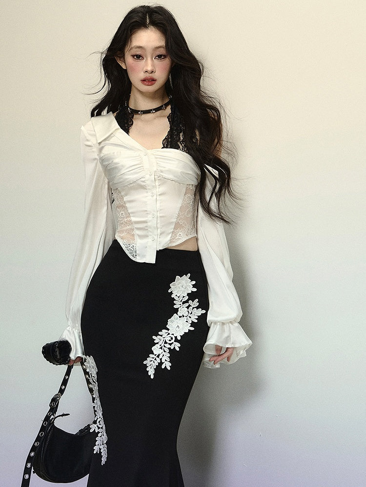 ホワイトレースパッチウエスト長袖ブラウス、ブラックレースホルターネックデザイン