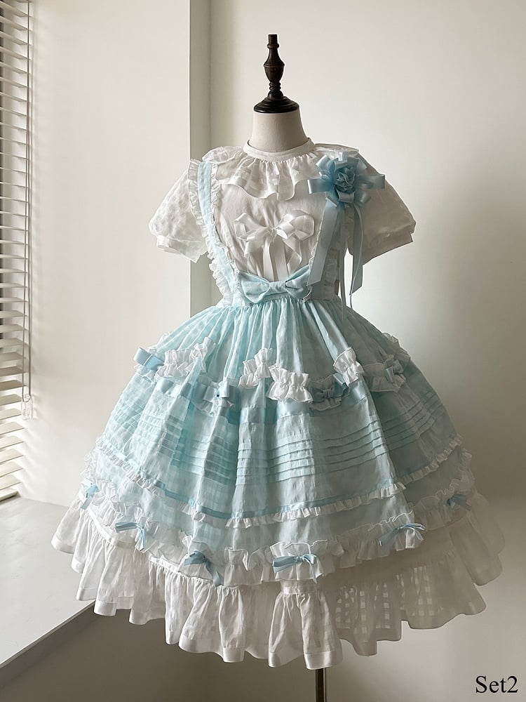 Azure Checkered Frilly Bow Lolita Jumperdress
