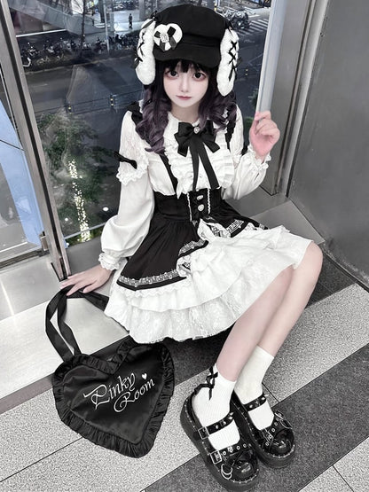 Jirai Kei Schwarz-Weißes Overallkleid mit Stufenrock und hoher Taille im Landmine-Stil