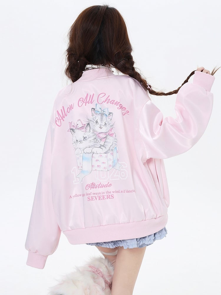 Light Blue/Pink Cats Spring Baseball Jacket