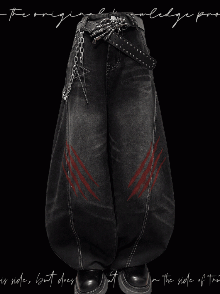 Weite Jeans mit verblasstem Kratzmuster und Used-Look im Punk-Look in verwaschenem Schwarz