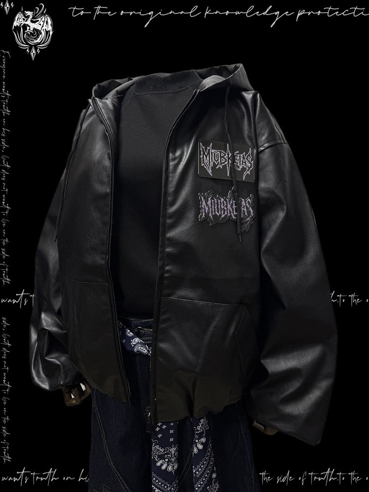 PU Hood Graphic Applique and Jacket Chic with Design Black Moto