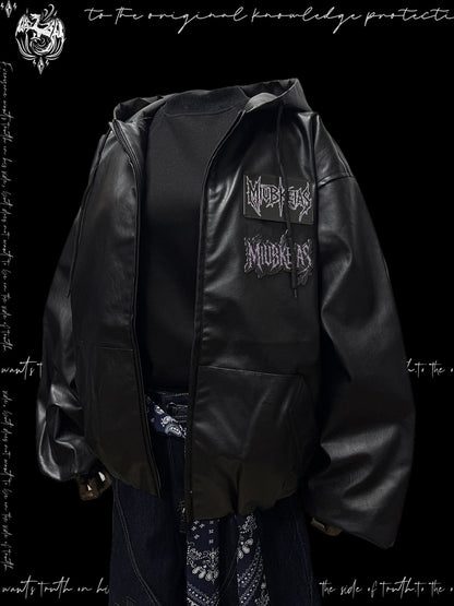 PU Hood Graphic Applique and Jacket Chic with Design Black Moto