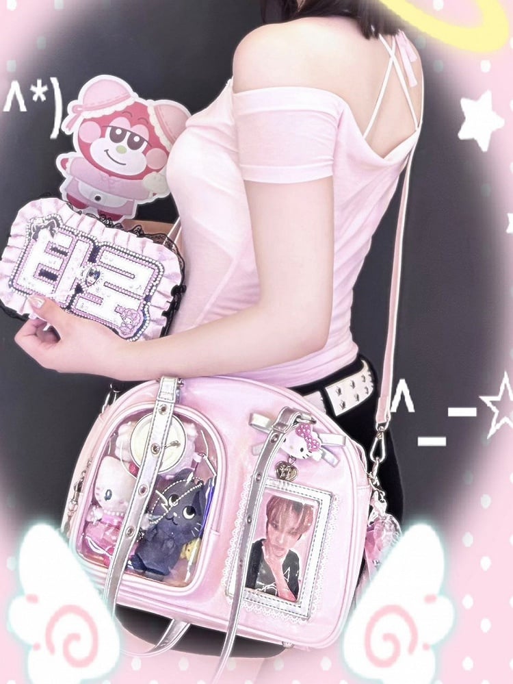 Three Heart Ita - Silver PU Way Carry Details Bag Daily Bow with Pink Kawaii Crossbody/Shoulder/Hand