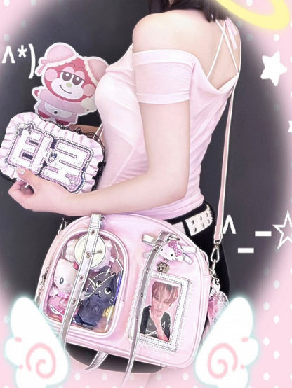 Three Heart Ita - Silver PU Way Carry Details Bag Daily Bow with Pink Kawaii Crossbody/Shoulder/Hand