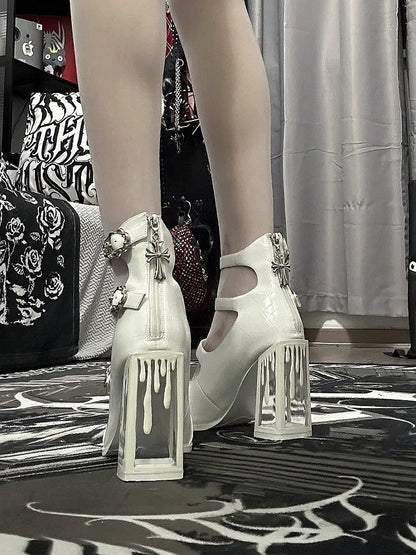 Matte White Gothic Crocodile Buckle Straps Blood Drip High Block Heels