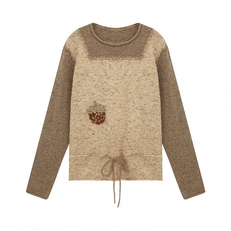Drawstring Two-Piece Coffee Sweater Mock Pinecone Waist Kawaii Print with Vintage