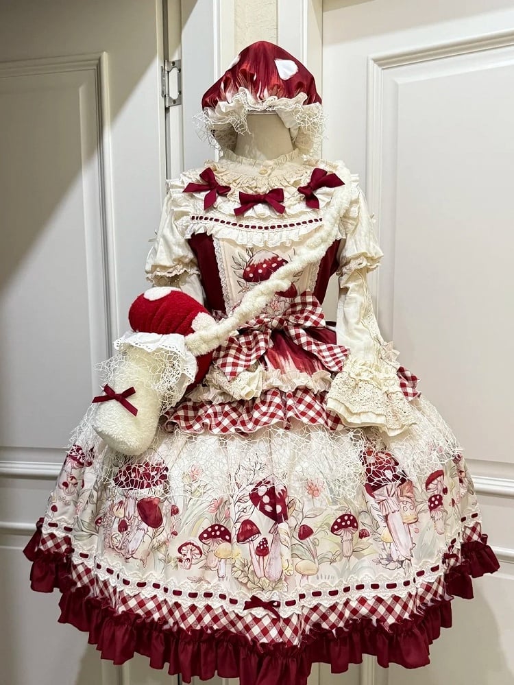 Red Beige Tie-Dye Mushroom Hat with Lace Netting - Honey Machine