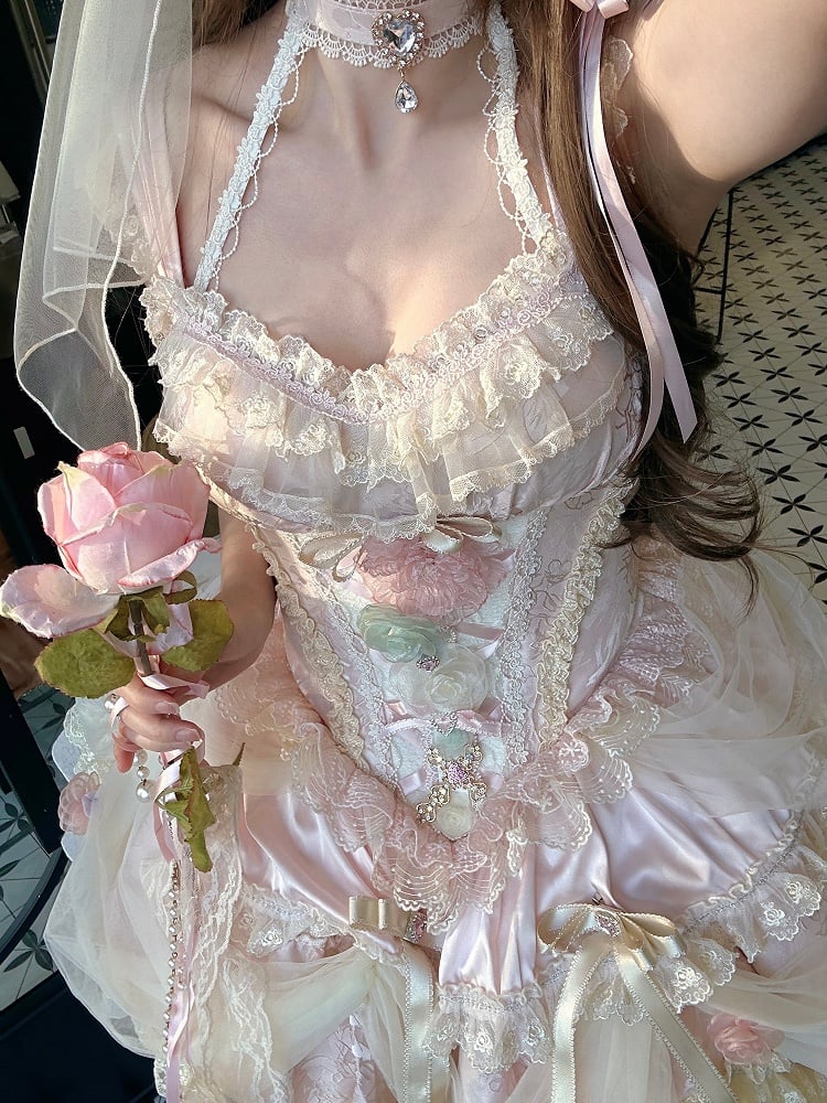 Rosa Blumenfee Korsett mit Knochen Taille Hanayome Prinzessin Lolita JSK Komplettset