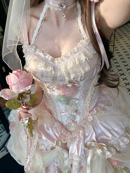 Prinzessin Blumenkleid mit Knochen, rosa Pullover, Taille, Fee, Lolita, Korsettrock, Hanayome