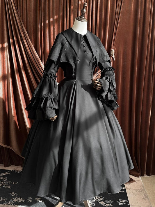 Lolita Glocke Spitz Ausverkaufsgröße Lang M Büste 90CM Gothic Hexenärmel Kleid Kragen Schwarz für