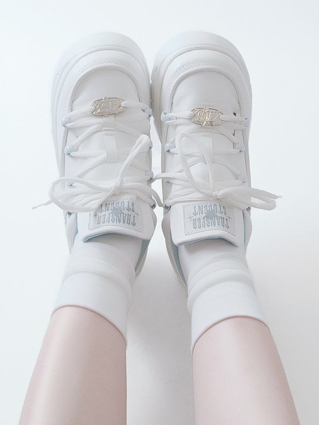 Leather Kei Sneakers in Classic Matte White Platform Lacing with PU System Jirai