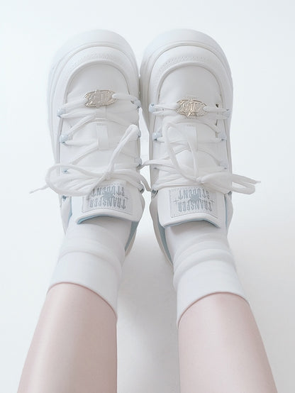 Leather Kei Sneakers in Classic Matte White Platform Lacing with PU System Jirai