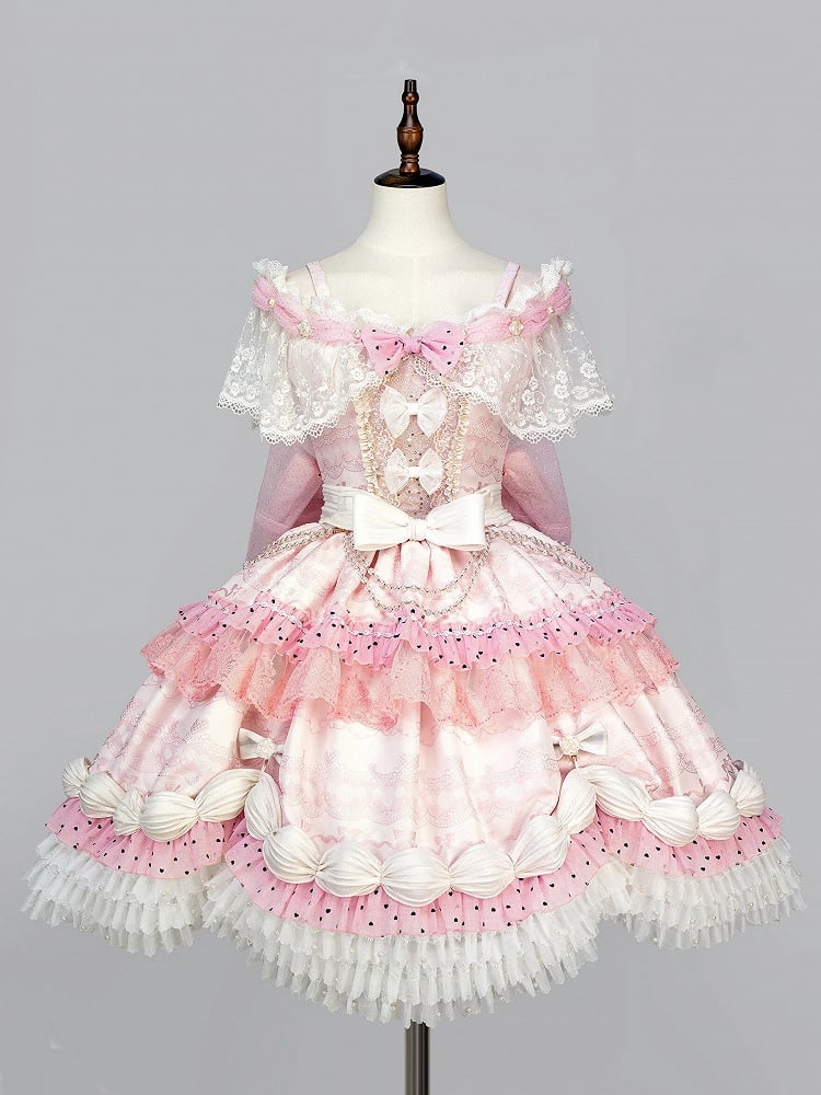 Wrist Shoulder KC Choker Veil Mini Hime Cuffs Set + Off Pink Lolita Full Hat Dress