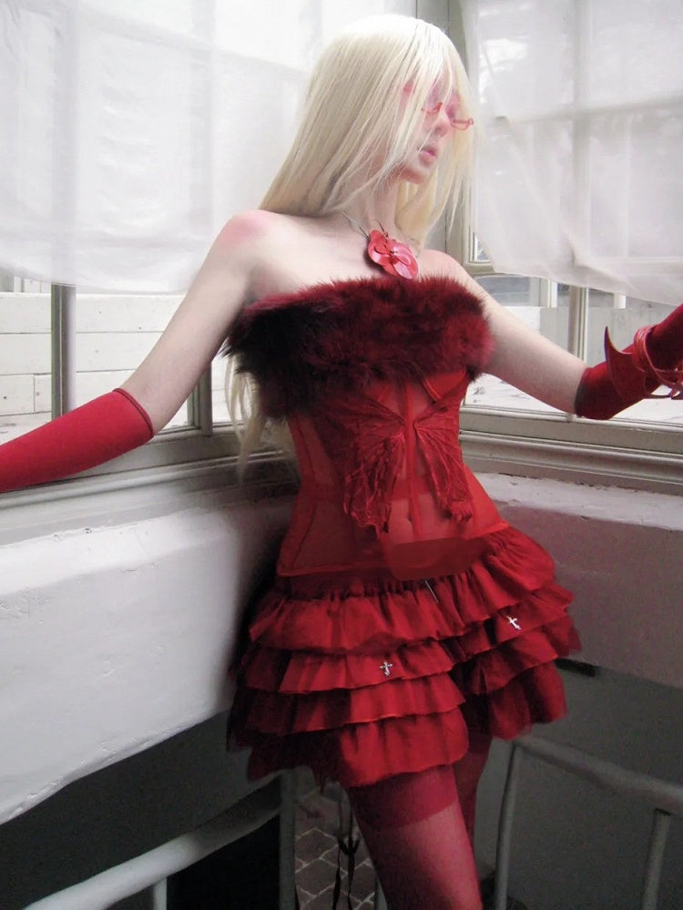Gothic Red Plush Neckline Butterfly Semi-sheer Boned Corset