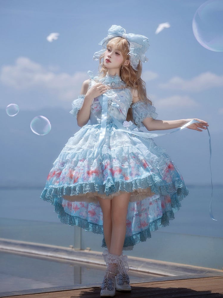 Robe salopette asymétrique imprimé poisson rouge - Mewroco