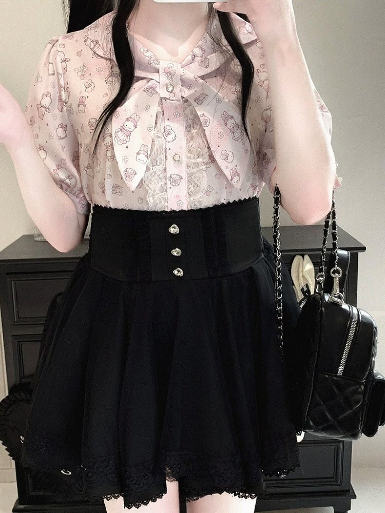 Bunny Ear Bow Collar Blouse, Short Sleeve, Pink & White Print - Kitty Bxllet