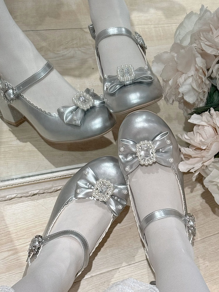 シューズメアリーラウンドトゥディテールロリータジェーンビーズシルバーと蝶結び装飾ラインストーン