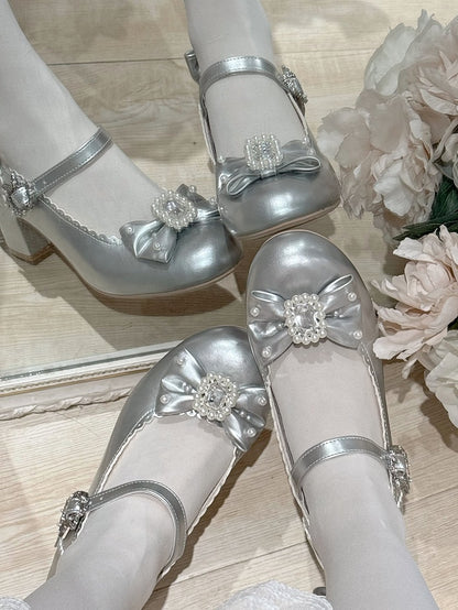 シューズメアリーラウンドトゥディテールロリータジェーンビーズシルバーと蝶結び装飾ラインストーン