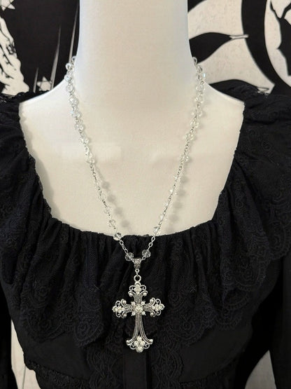 Gothic White Beaded Necklace with Cross - Boobi Shop