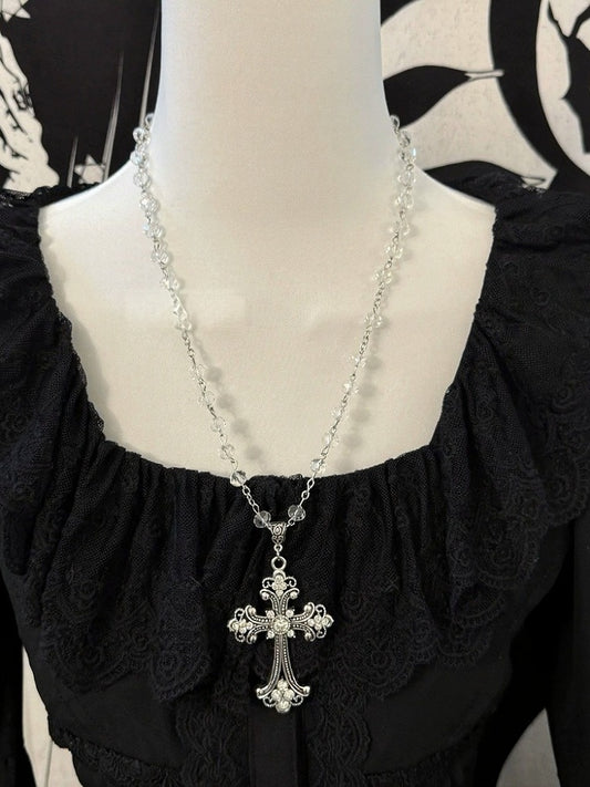Gothic White Beaded Necklace with Cross - Boobi Shop