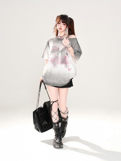 Butterfly Rose Pink/Pink/Grau Lockeres Schulter-T-Shirt Print Ombre Cutout