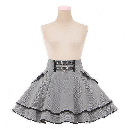 ブラック＆ホワイトの千鳥格子柄ダブルハートバックルリボンボウノットジライケイティアードスカート