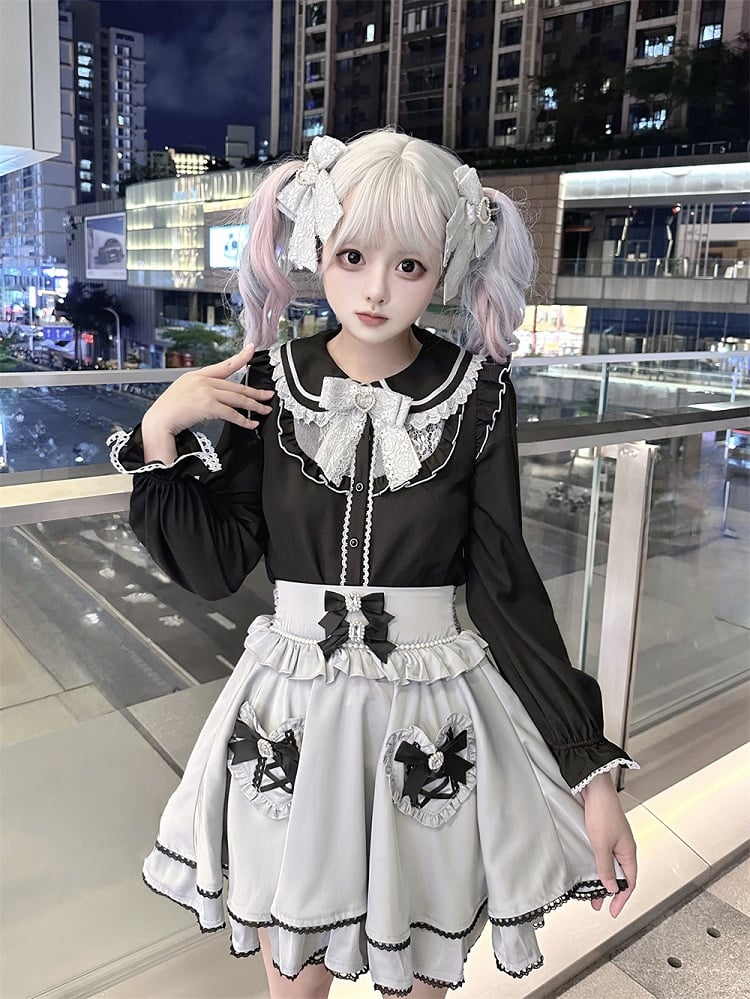 Tie Jirai Kei Schwarze Bluse mit Peter-Pan-Kragen und langen Ärmeln, gratis mit Schleife