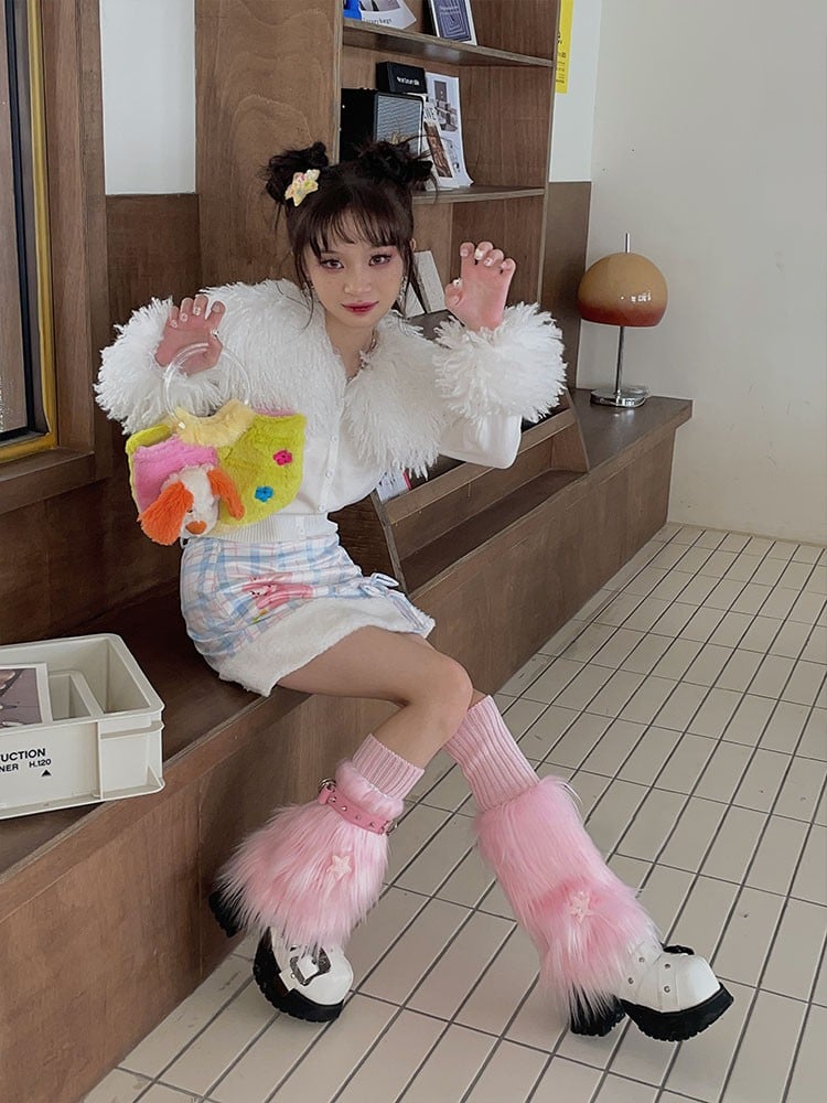 Pink Star Decoration Faux Fur Leg Warmers + Knitted Leg Warmers + Studded Garter