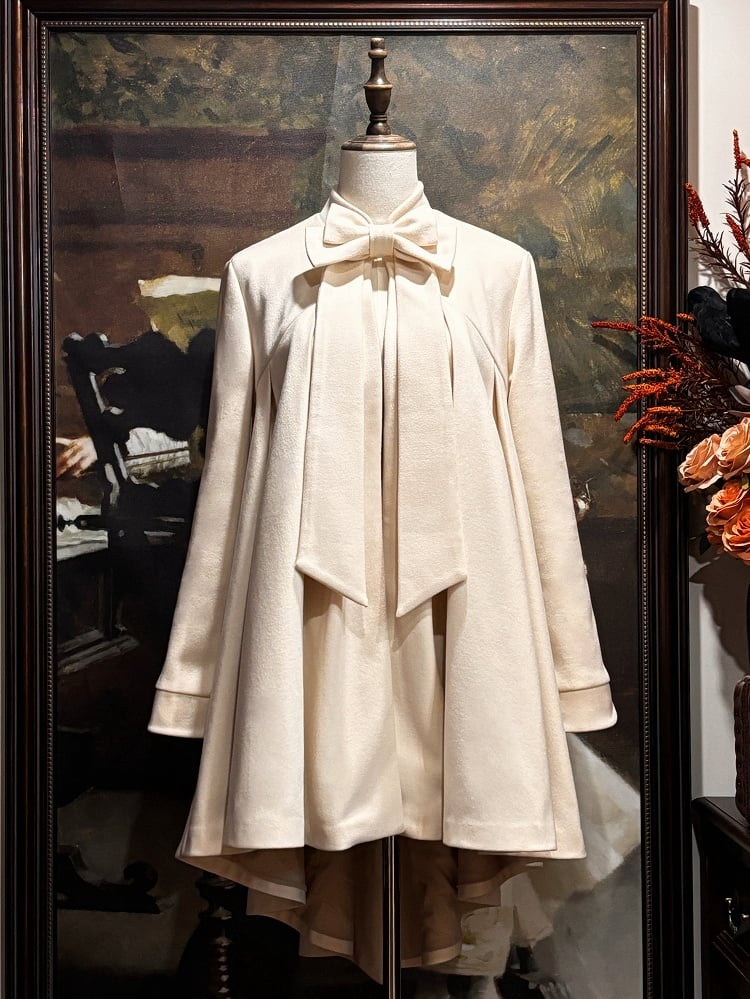 with High-Low Gothic White Lolita Pin Woolen Coat Bow