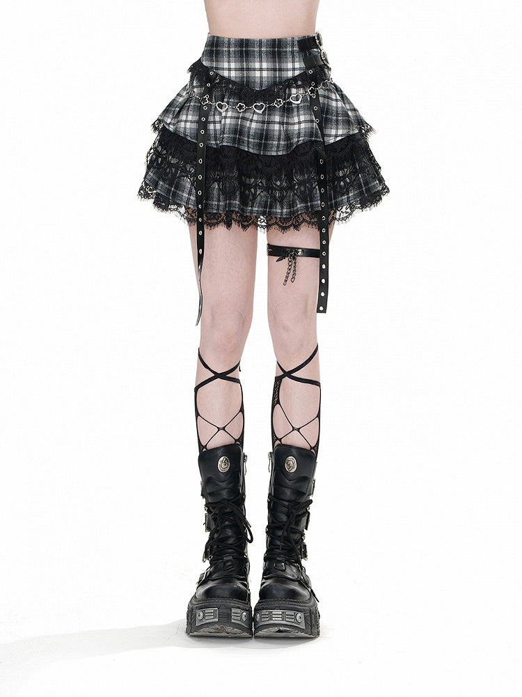 ユニフォームティアードスカート ブラック チェック柄 ストラップ バックル JK レーストリム