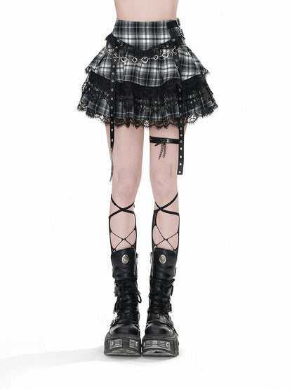 ユニフォームティアードスカート ブラック チェック柄 ストラップ バックル JK レーストリム