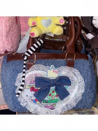 Retro Plush Crossbody Bag with Heart Lace Trim - Black Cherry Sauce