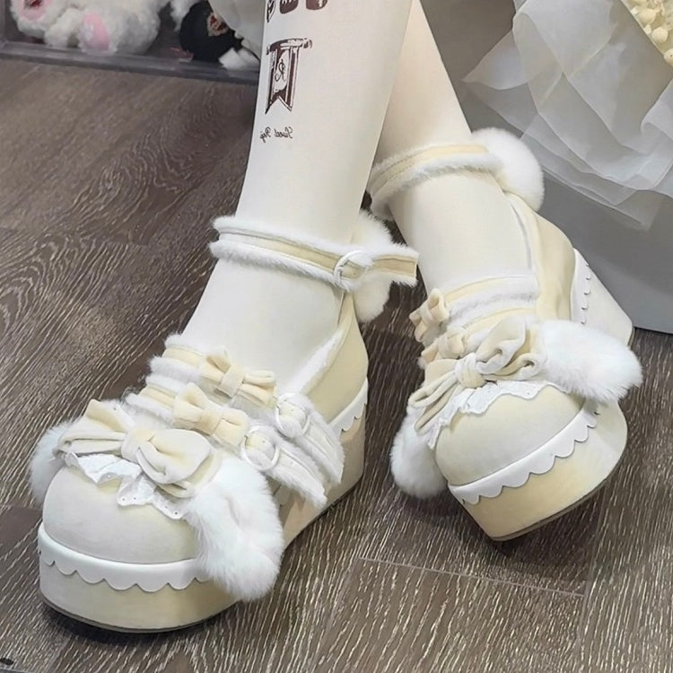 - Lolita Fluffy Ears Tail Sweet Bow Accents Bunny Platform with Shoes Yellow