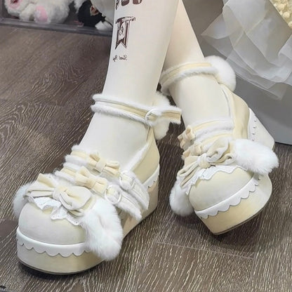 - Lolita Fluffy Ears Tail Sweet Bow Accents Bunny Platform with Shoes Yellow