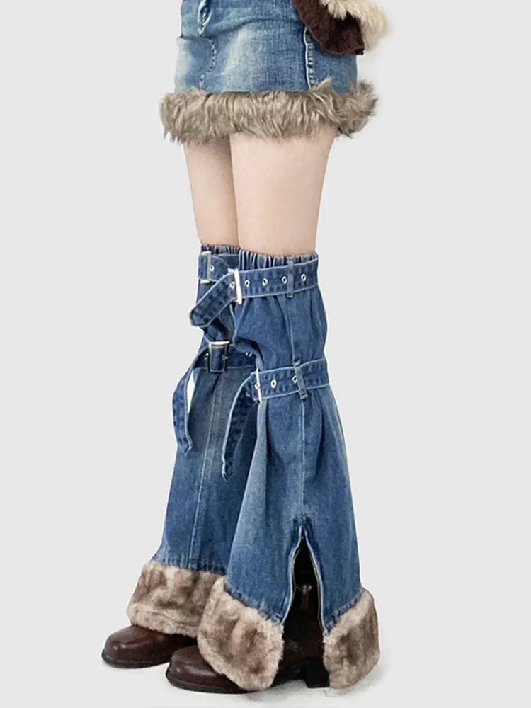 裾+脚のファッションスリットプラッシュスカートウォーマーデニムサイドストラップバックルギャルブルー