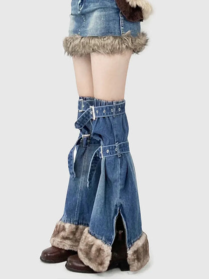 裾+脚のファッションスリットプラッシュスカートウォーマーデニムサイドストラップバックルギャルブルー