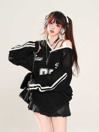 Schwarz/weißes, asymmetrisches Oberteil mit Sonnenschutz und Hohlsaum