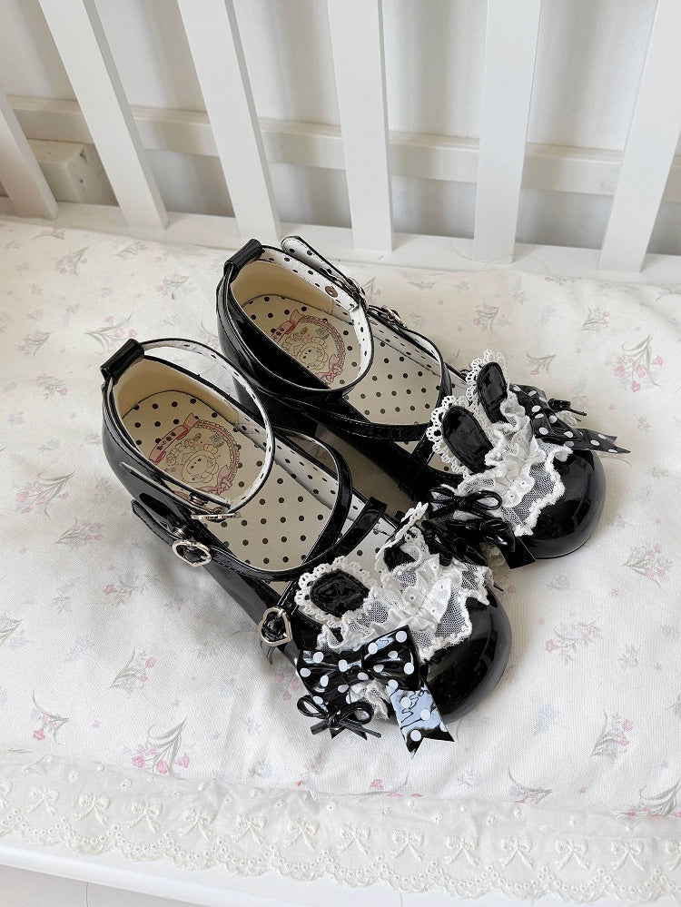 Decor Shoes Bows Sweet 6.5cm Heeled Heart Snap Bunny Lolita with - Theme Black