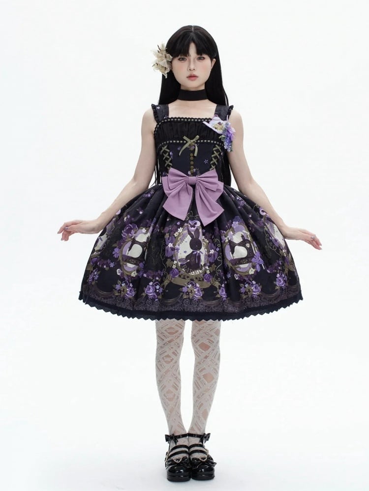 Print Jumper Purple Lolita and Black Jacquard Floral Bunny Dress Skirt