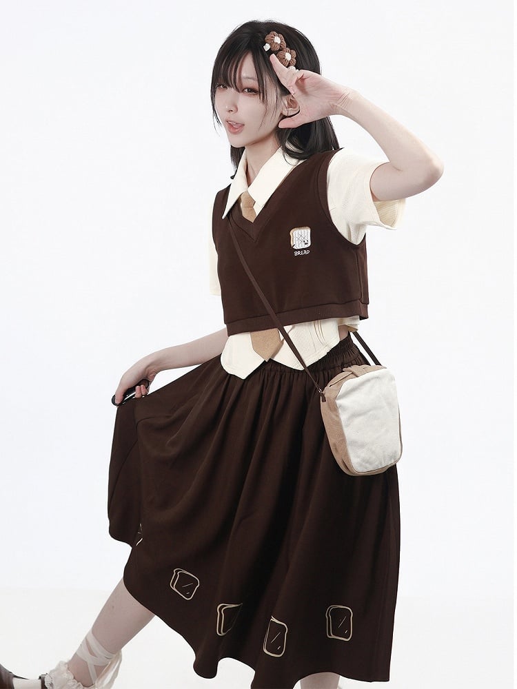 Coffee Long Skirt with Toast Print - PINK SAVIOR