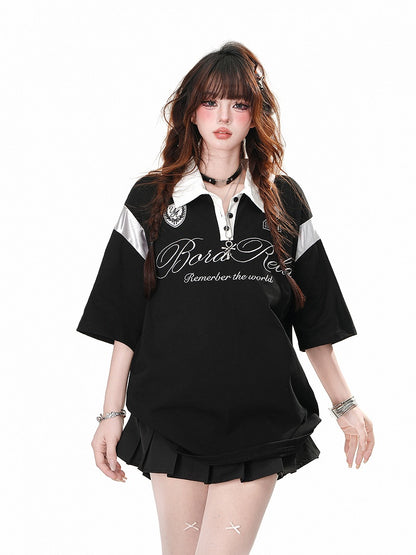 Schwarz/weißes Sport-T-Shirt im Preppy-Stil mit Polokragen