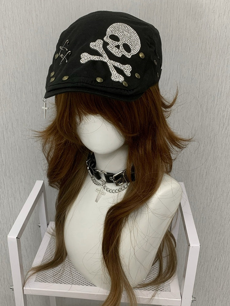 Studs Hat Pin Rhinestone Skeleton Punk Decorated And Black Details Beret