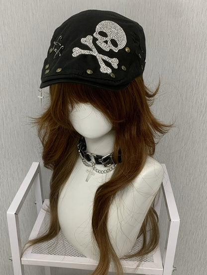 Studs Hat Pin Rhinestone Skeleton Punk Decorated And Black Details Beret