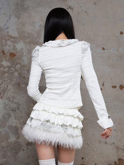 Collar Punk White Blouse Puff Zippers Front Ruffled Side with Textured