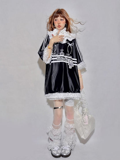 Top Bowknots Tiered Sleeve with and Collar Short Jersey-Style Black Detachable