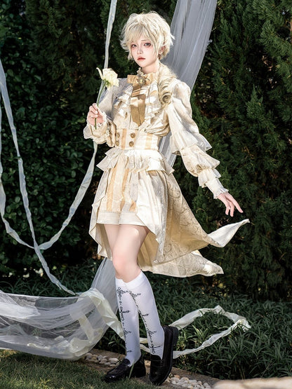 Outfit Shirt Ouji Rüschen Shorts Overall Lolita Lange Champagner Ärmel Ausschnitt Muster + Gestreifter Prinz